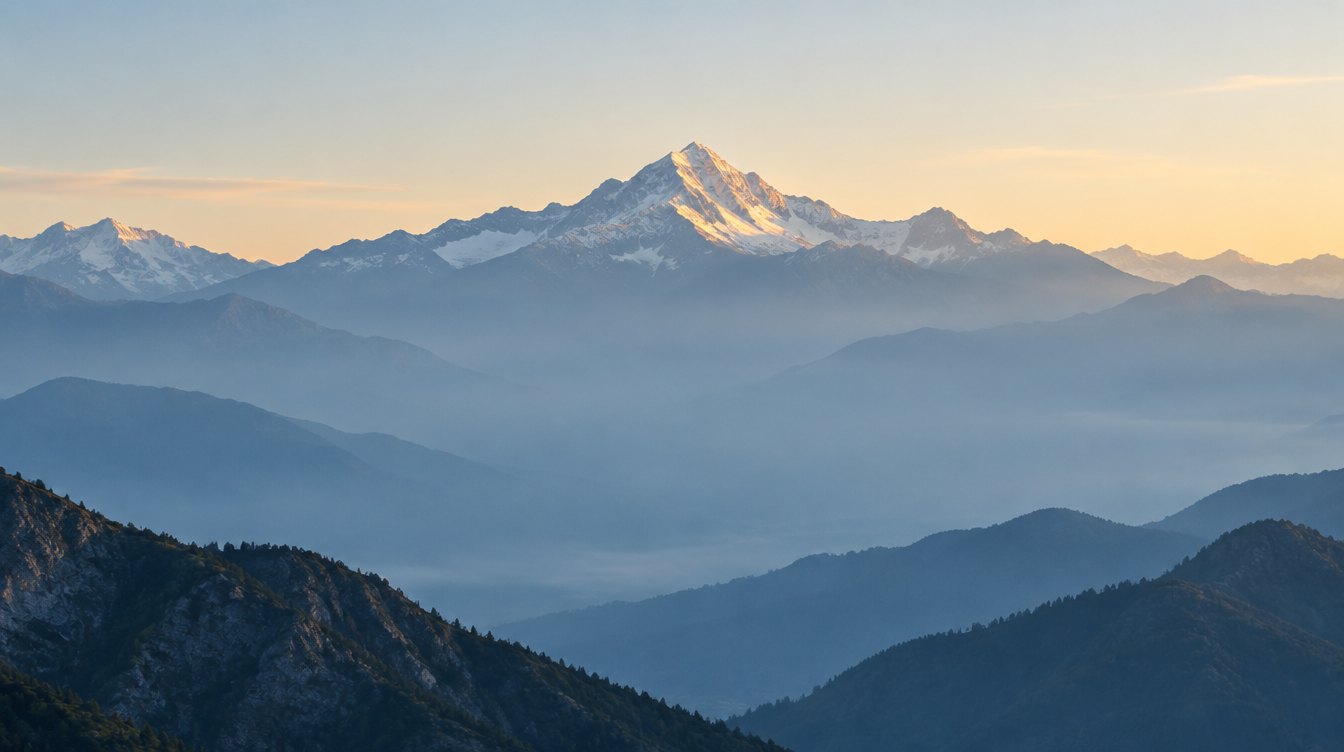 Alpenpanorama im Morgenlicht mit einem Gipfel über dem Nebel