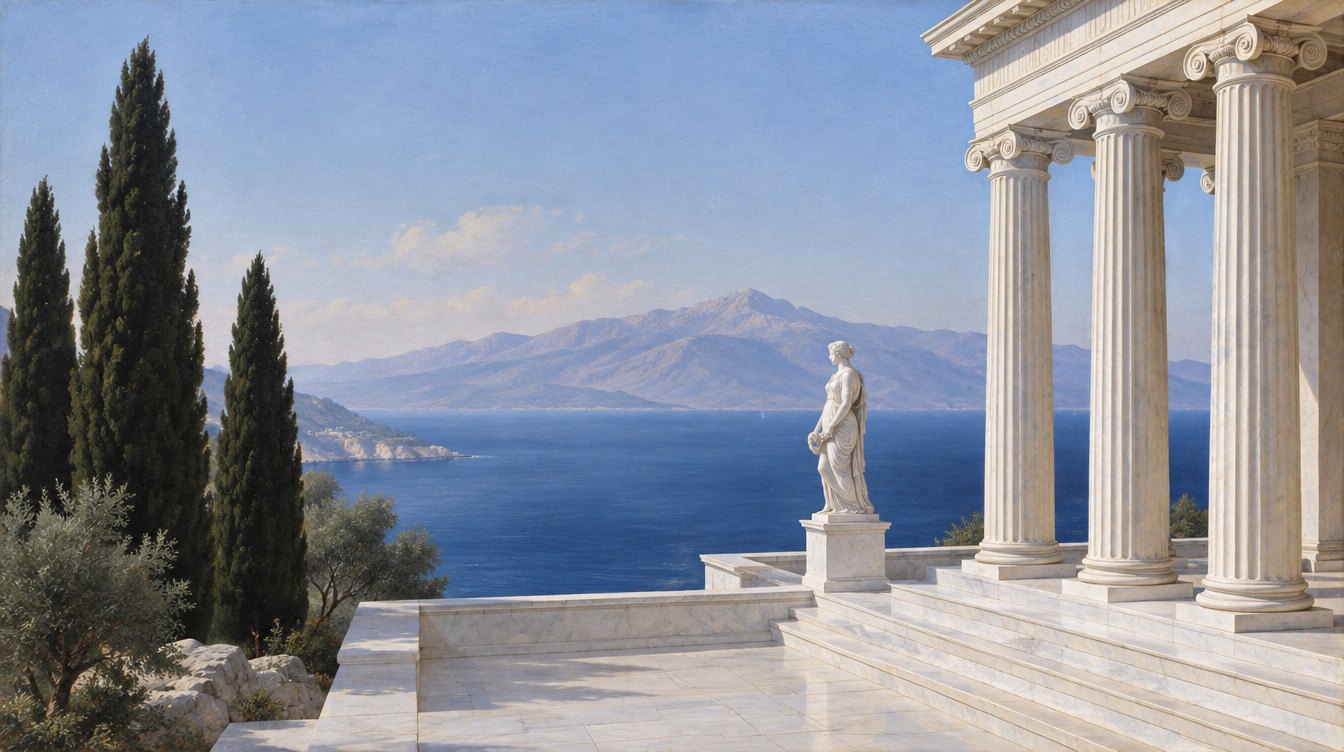 Gemälde eines klassischen Tempels mit Säulen am Meer